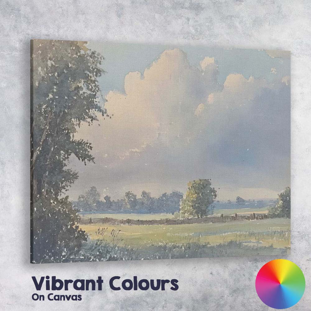 Soft Watercolour Countryside Meadow Cloudy Sky Landscape Canvas Wall Art Print Decor Picture Ready to Hang
