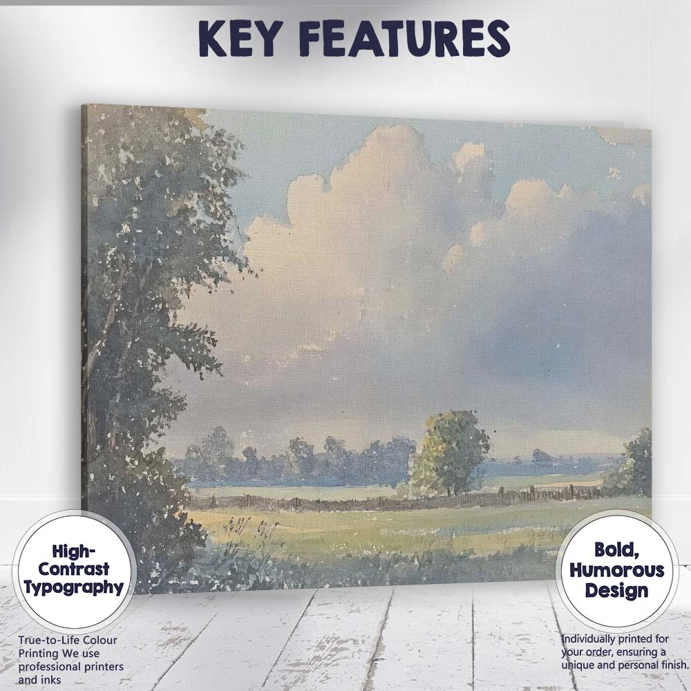 Soft Watercolour Countryside Meadow Cloudy Sky Landscape Canvas Wall Art Print Decor Picture Ready to Hang