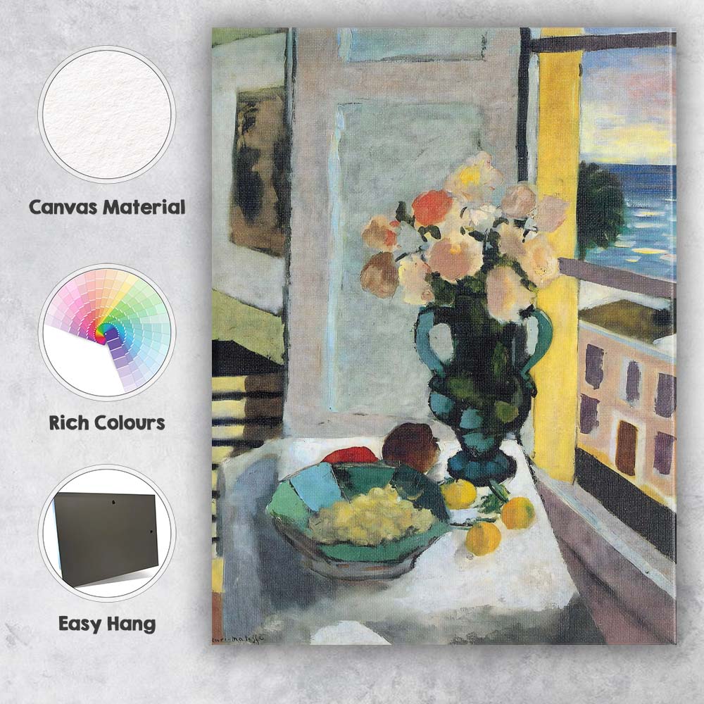 Impressionist Coastal Window Still Life Floral Vase Fruit Bowl Canvas Wall Art Print Decor Picture Ready to Hang
