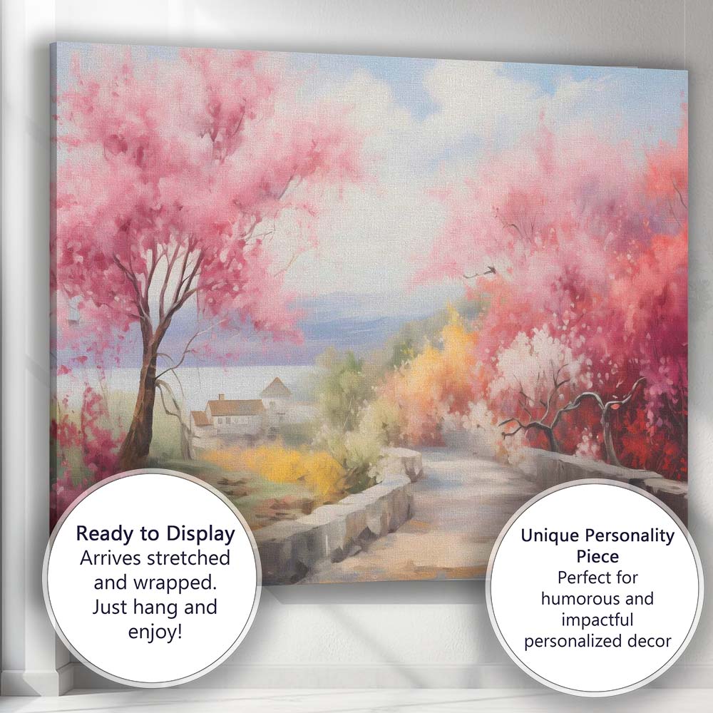 Dreamy Pink Blossom Tree Country Lane Spring Landscape Canvas Wall Art Print Decor Picture Ready to Hang