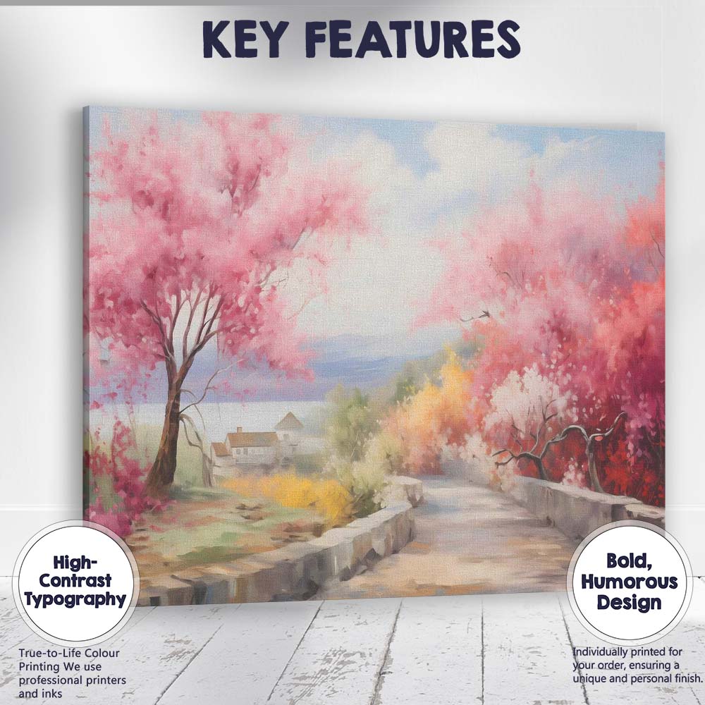 Dreamy Pink Blossom Tree Country Lane Spring Landscape Canvas Wall Art Print Decor Picture Ready to Hang