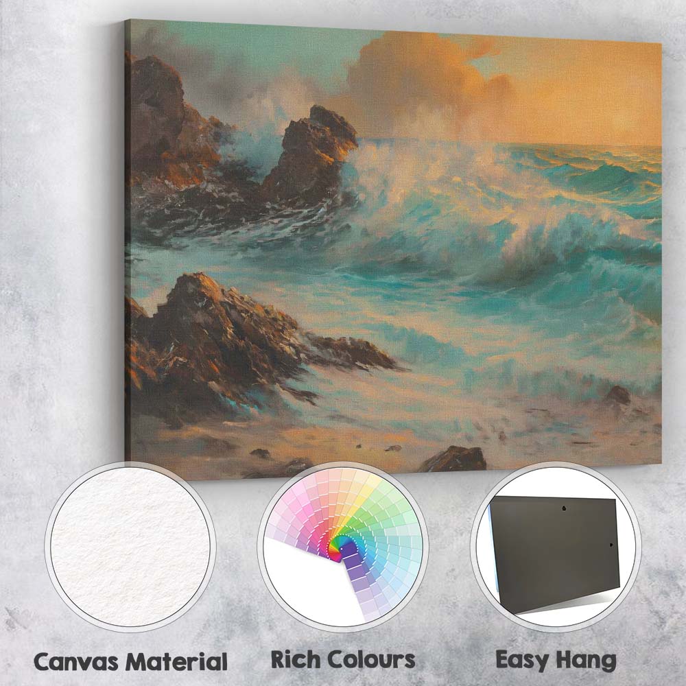 Dramatic Turquoise Ocean Waves Rocky Coast Sunset Seascape Canvas Wall Art Print Decor Picture Ready to Hang