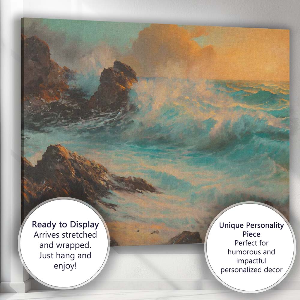 Dramatic Turquoise Ocean Waves Rocky Coast Sunset Seascape Canvas Wall Art Print Decor Picture Ready to Hang