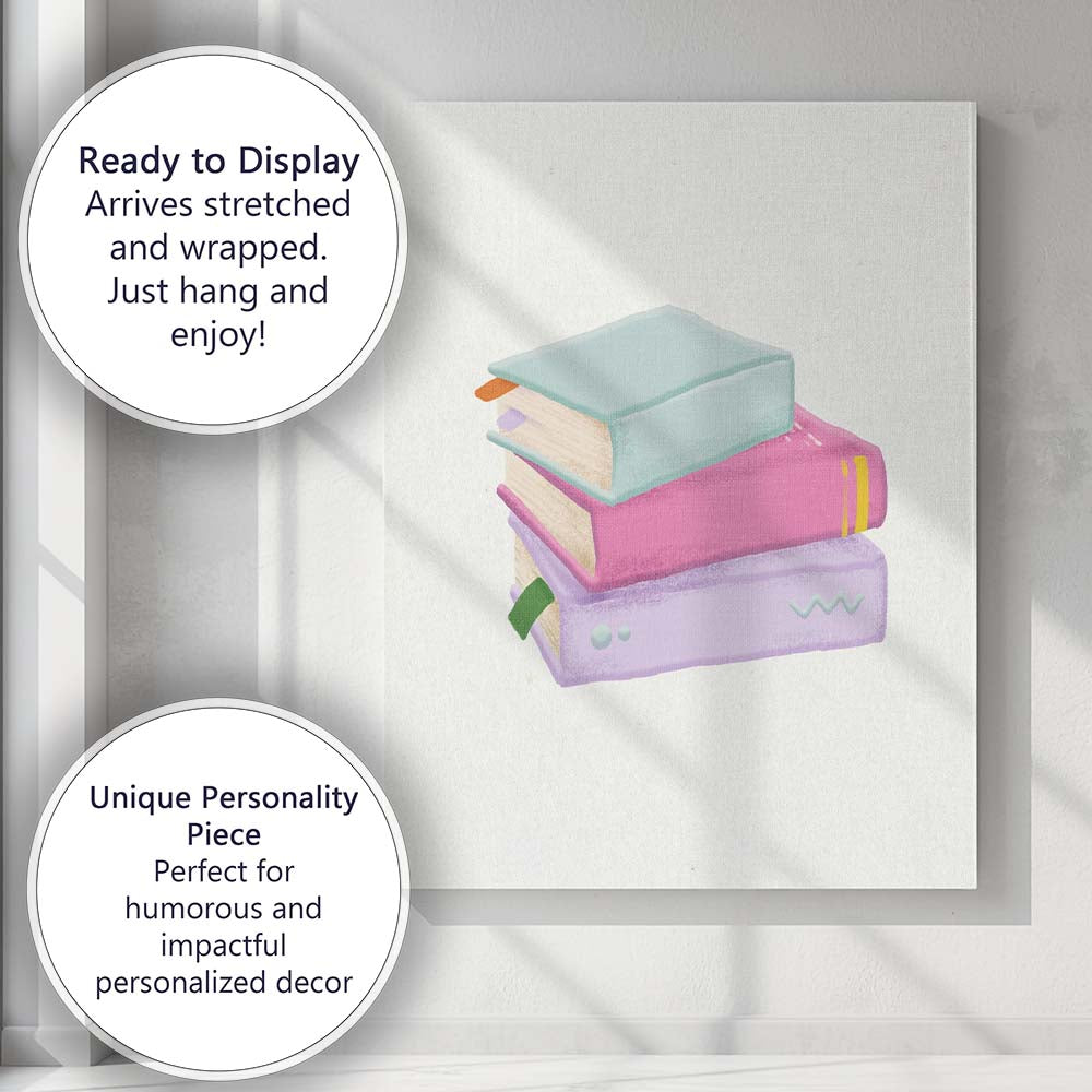Pastel Stacked Books Watercolour Illustration Canvas Wall Art Print Decor Picture Ready to Hang