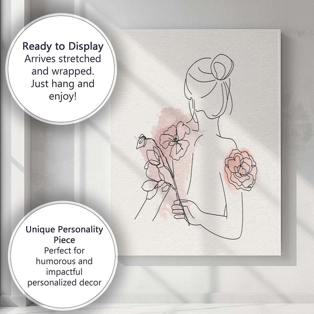 Floral Woman Profile Line Art Canvas Wall Art Print Decor Picture Ready to Hang