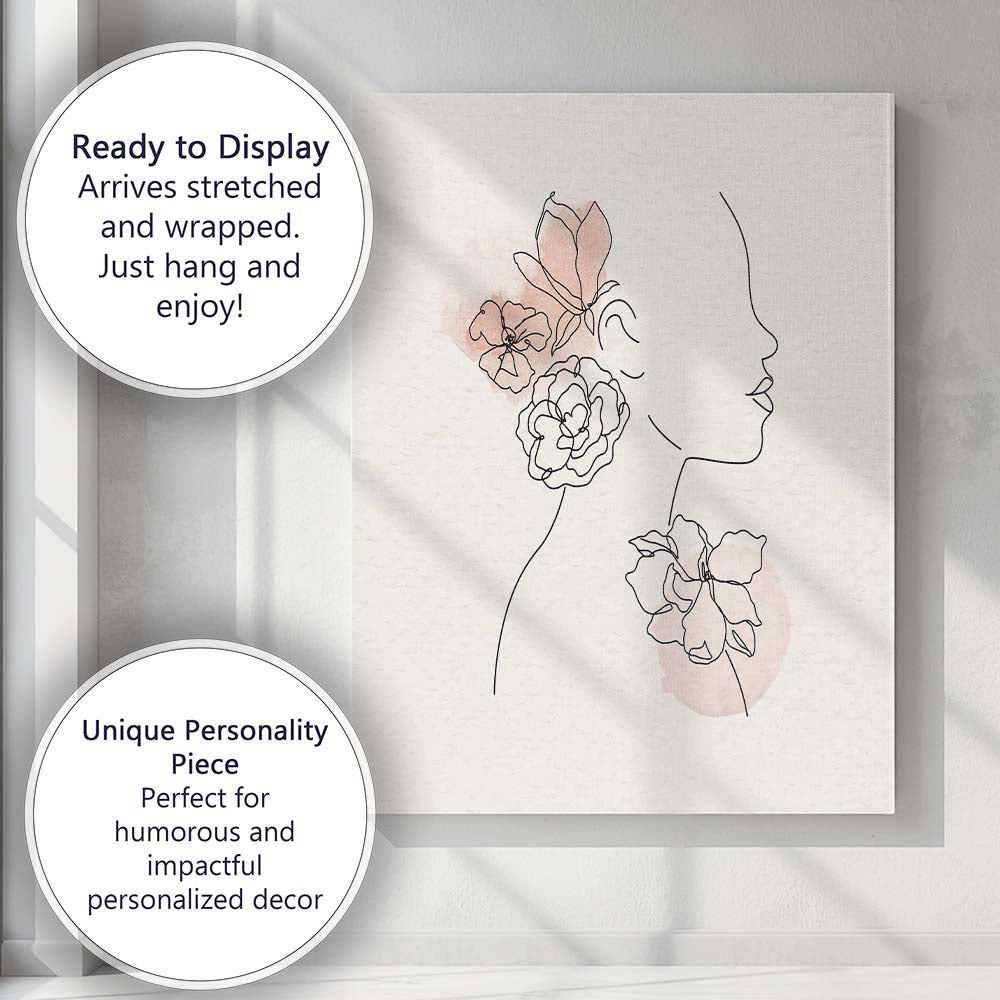 Woman Holding Flowers Minimal Line Art Canvas Wall Art Print Decor Picture Ready to Hang