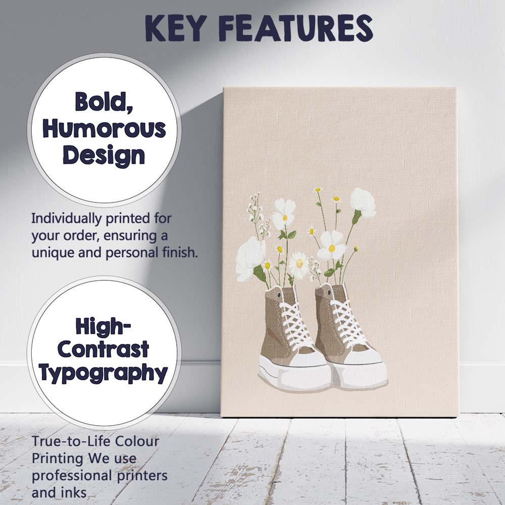 Beige Floral High Top Trainers Illustration Canvas Wall Art Print Decor Picture Ready to Hang