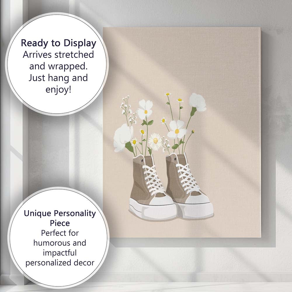 Beige Floral High Top Trainers Illustration Canvas Wall Art Print Decor Picture Ready to Hang