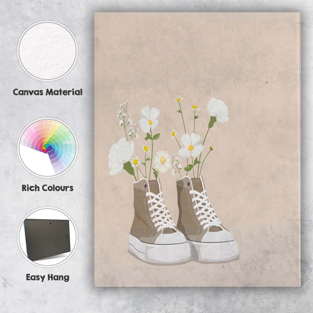 Beige Floral High Top Trainers Illustration Canvas Wall Art Print Decor Picture Ready to Hang