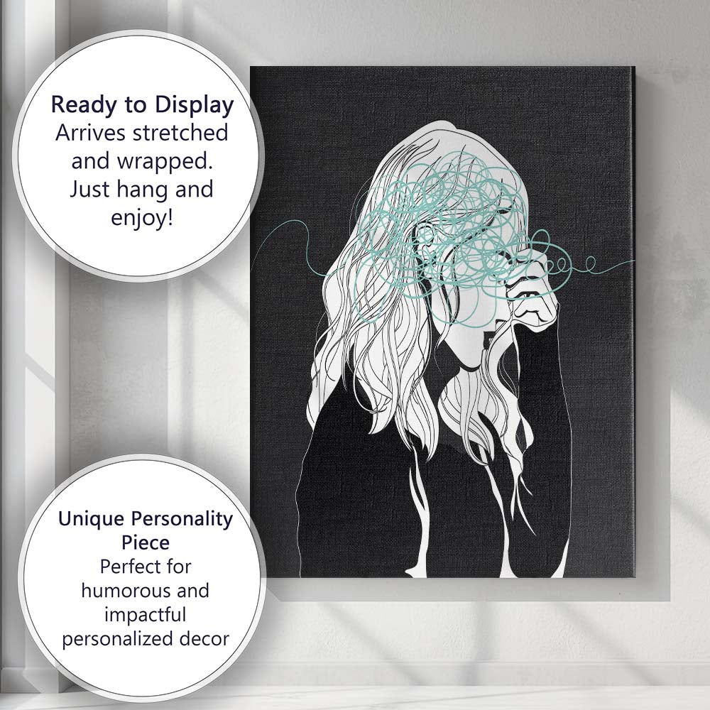 Anxious Woman Scribble Line Art Illustration Canvas Wall Art Print Decor Picture Ready to Hang