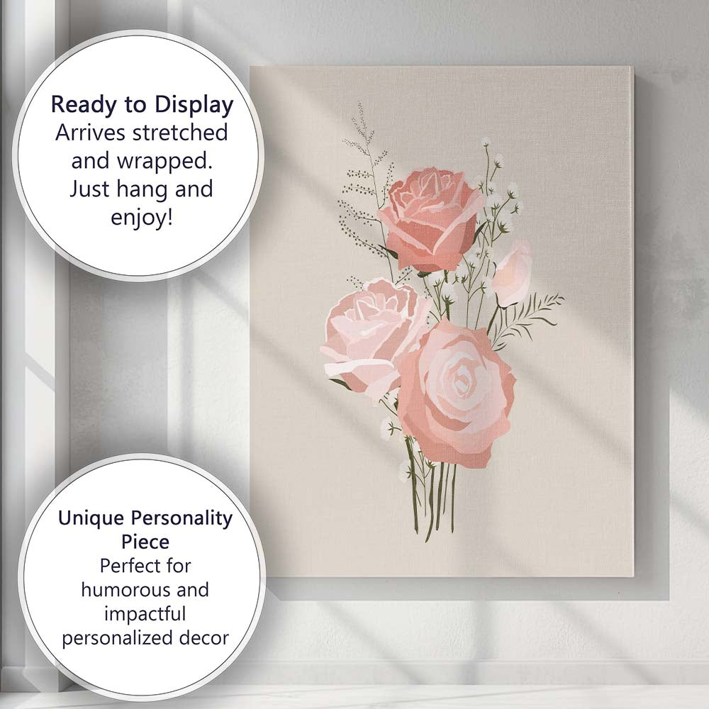 Pink Rose Bouquet Illustration Canvas Wall Art Print Decor Picture Ready to Hang