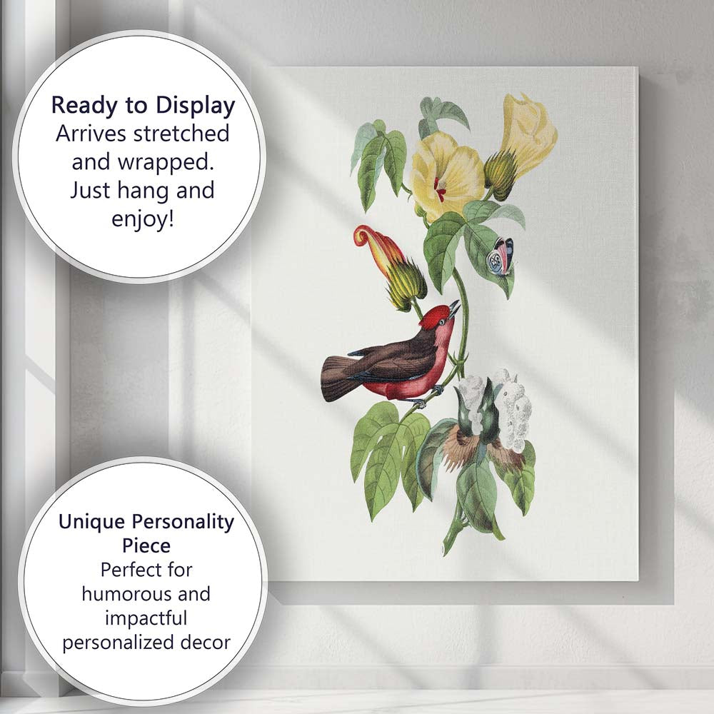 Red Bird Yellow Flower Botanical Canvas Wall Art Print Decor Picture Ready to Hang