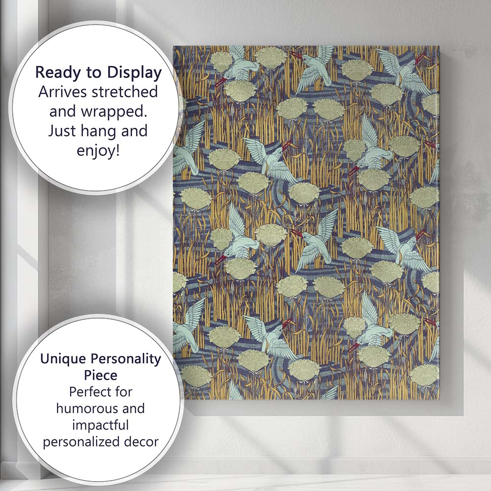 Heron Water Lily Reed Art Nouveau Pattern Canvas Wall Art Print Decor Picture Ready to Hang