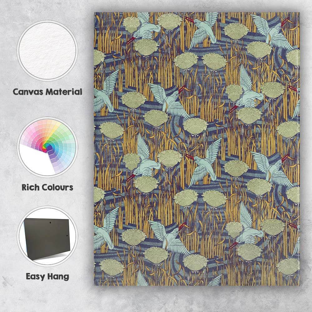 Heron Water Lily Reed Art Nouveau Pattern Canvas Wall Art Print Decor Picture Ready to Hang