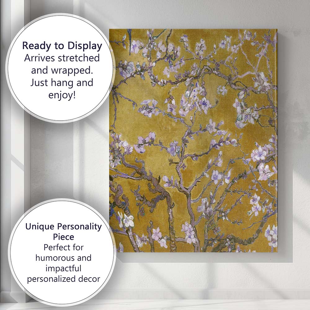 Golden Almond Blossom Branch Painting Canvas Wall Art Print Decor Picture Ready to Hang