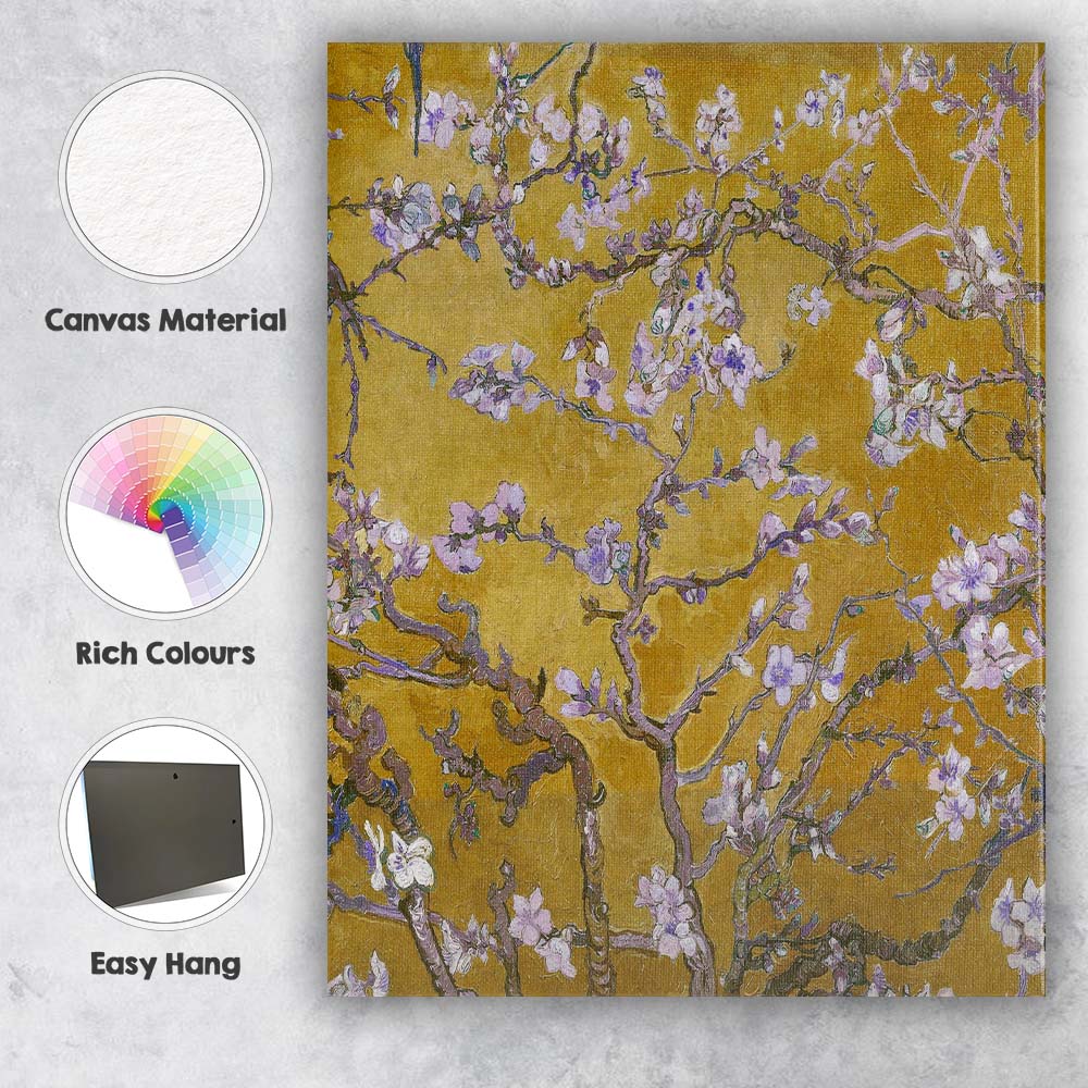 Golden Almond Blossom Branch Painting Canvas Wall Art Print Decor Picture Ready to Hang