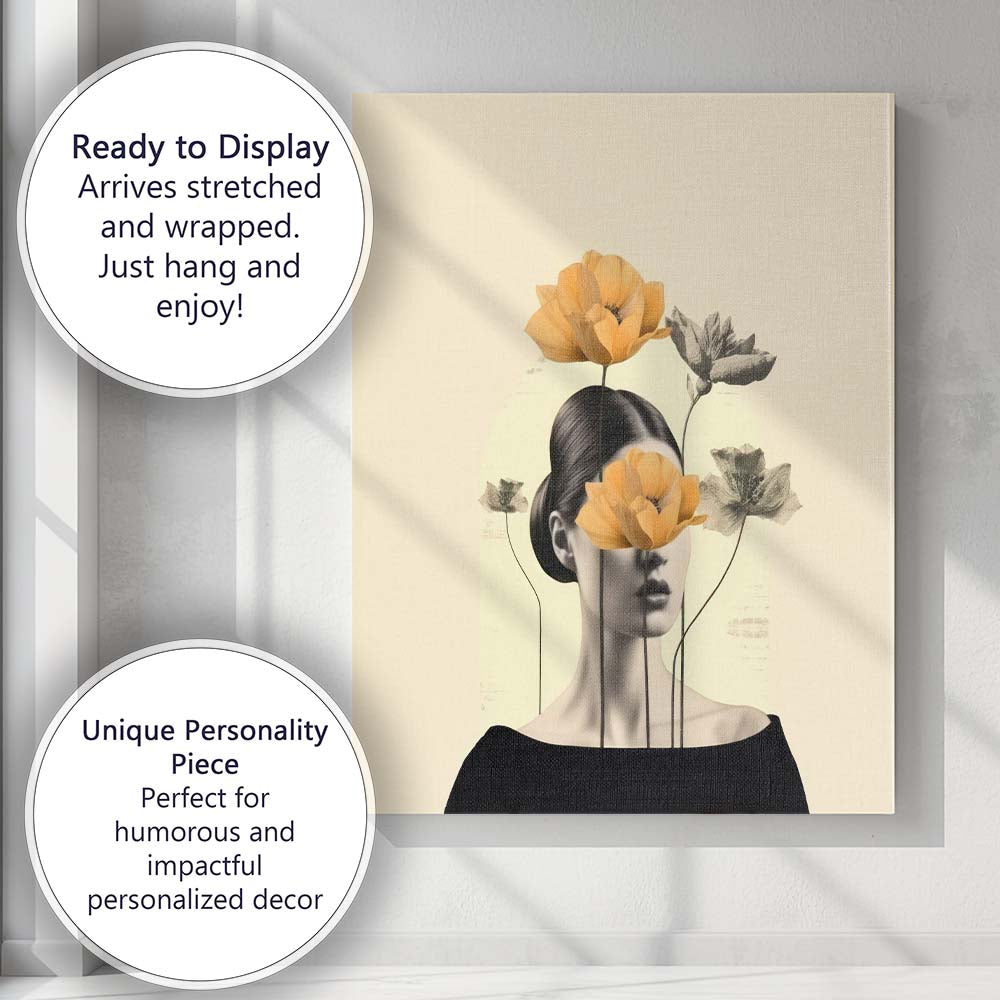 Surreal Yellow Poppy Woman Portrait Canvas Wall Art Print Decor Picture Ready to Hang