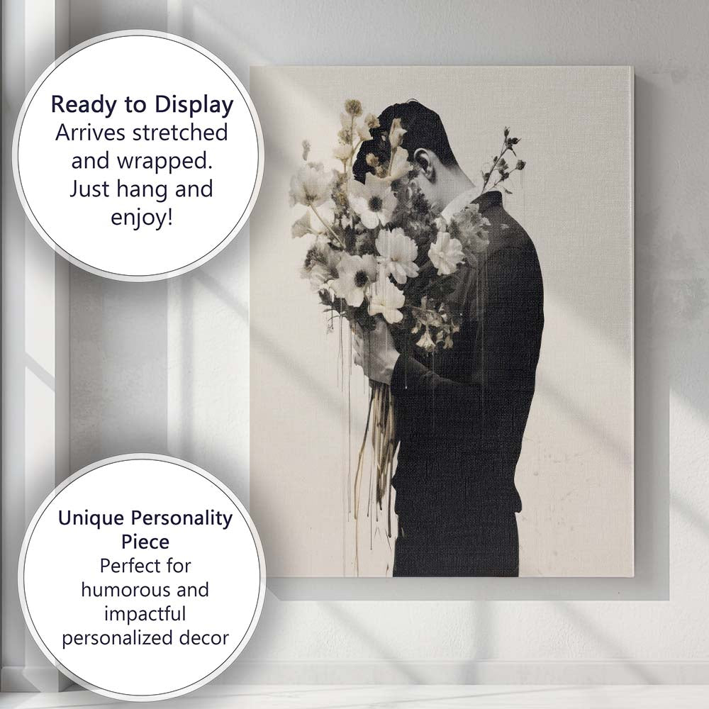 Monochrome Man Holding White Flowers Portrait Canvas Wall Art Print Decor Picture Ready to Hang