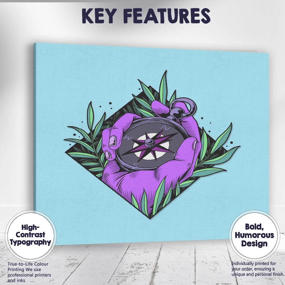 Purple Hand Compass Adventure Illustration Canvas Wall Art Print Decor Picture Ready to Hang