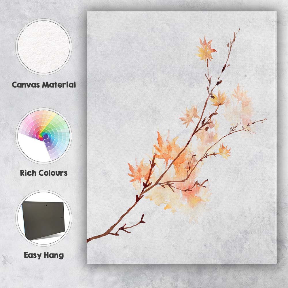 Orange Autumn Branch Watercolour Leaves Canvas Wall Art Print Decor Picture Ready to Hang