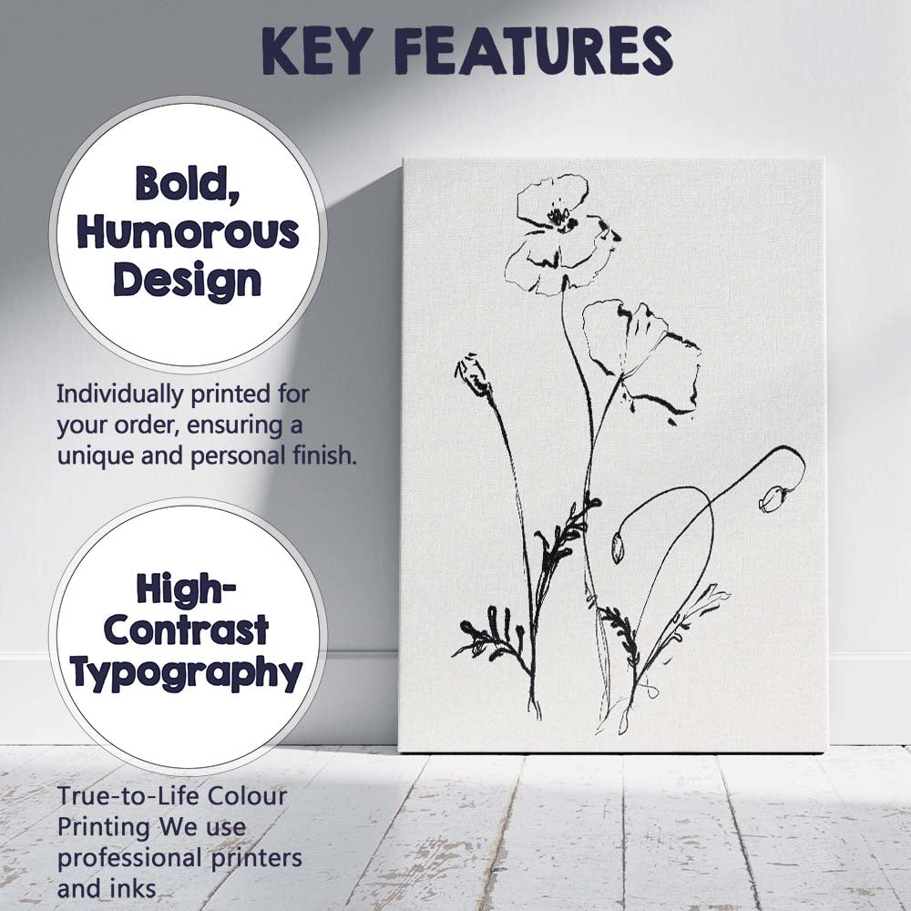 Black Ink Wildflower Line Drawing Canvas Wall Art Print Decor Picture Ready to Hang