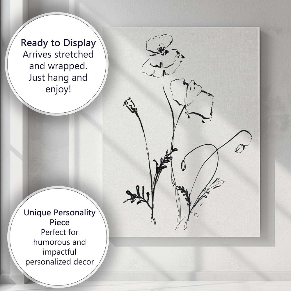 Black Ink Wildflower Line Drawing Canvas Wall Art Print Decor Picture Ready to Hang