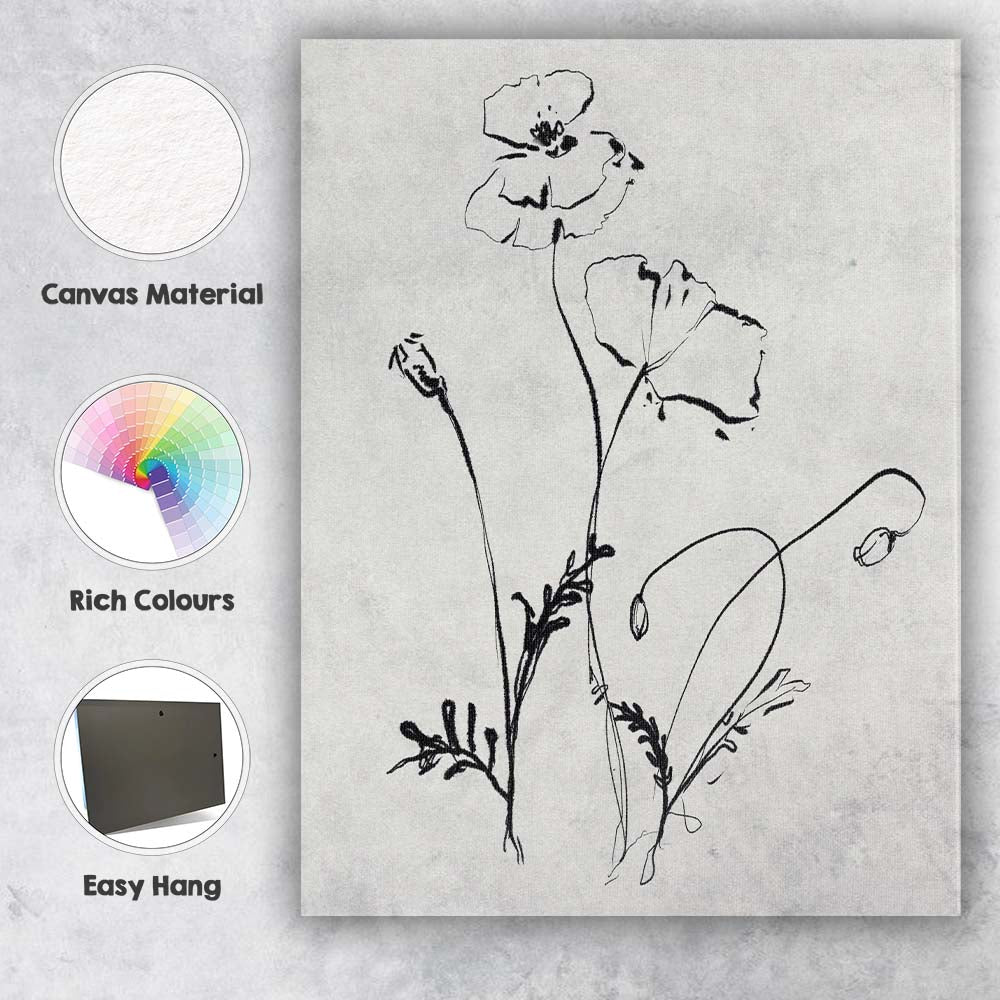 Black Ink Wildflower Line Drawing Canvas Wall Art Print Decor Picture Ready to Hang