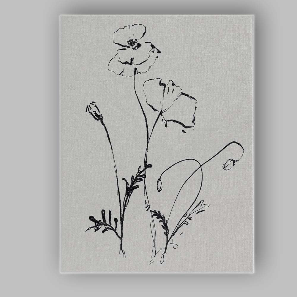 Black Ink Wildflower Line Drawing Canvas Wall Art Print Decor Picture Ready to Hang