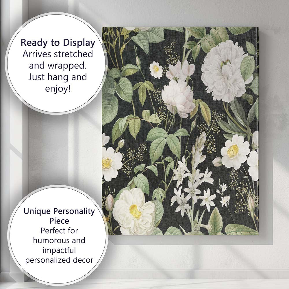 Black White Botanical Floral Pattern Canvas Wall Art Print Decor Picture Ready to Hang