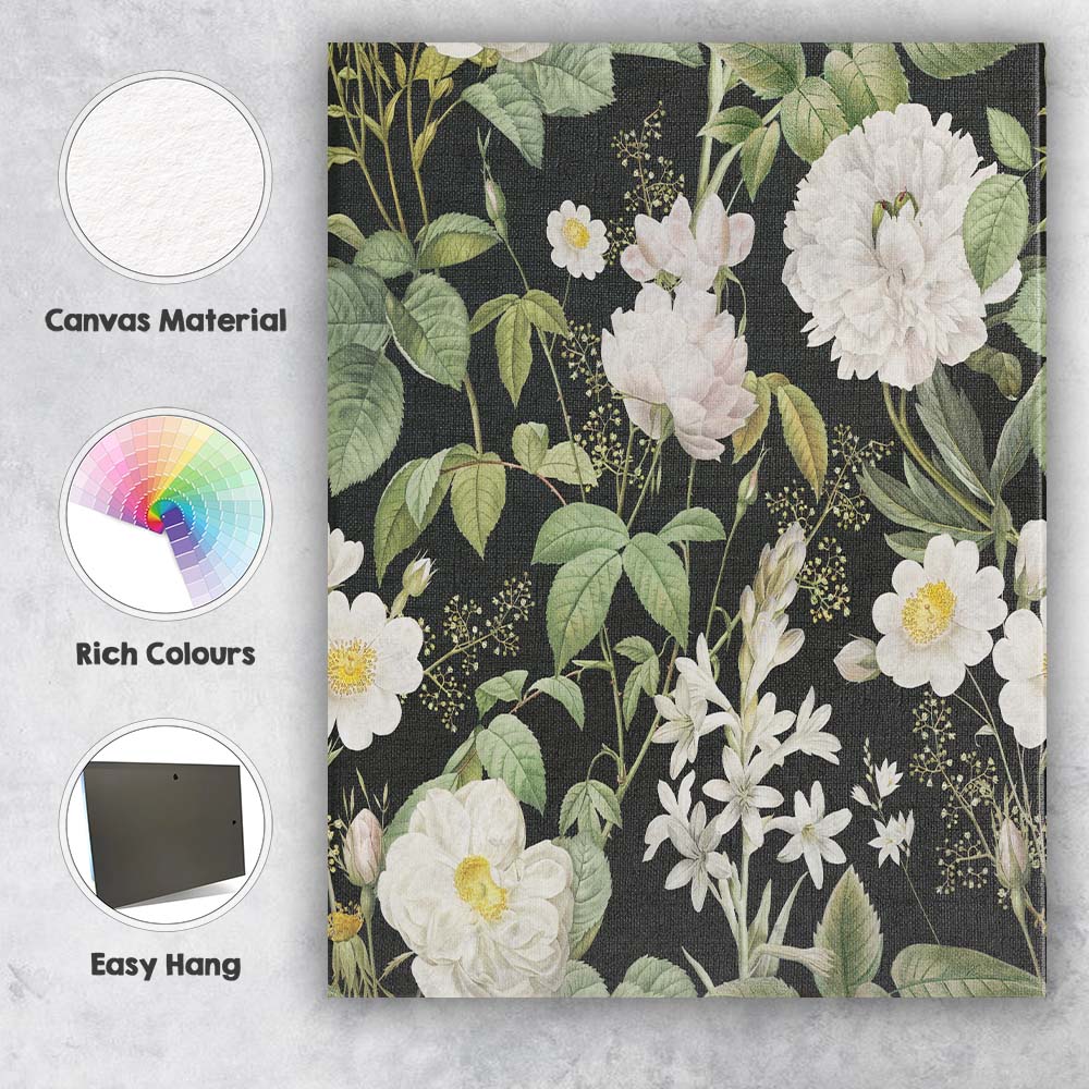 Black White Botanical Floral Pattern Canvas Wall Art Print Decor Picture Ready to Hang