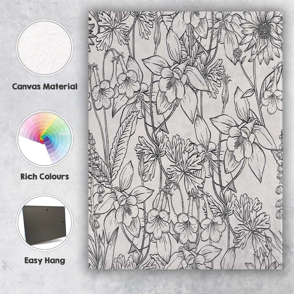 Dense Black Wildflower Line Art Pattern Canvas Wall Art Print Decor Picture Ready to Hang