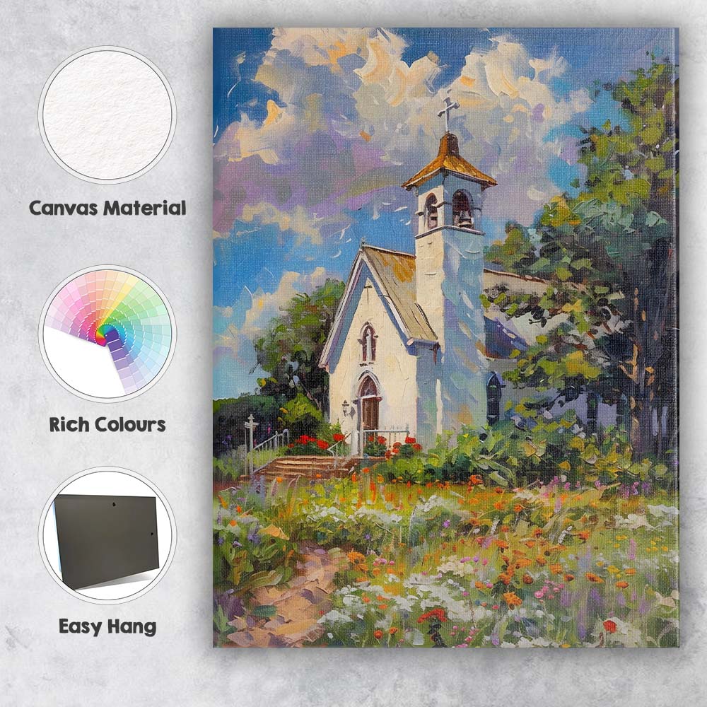 Impressionist White Country Church Wildflower Garden Summer Landscape Canvas Wall Art Print Decor Picture Ready to Hang
