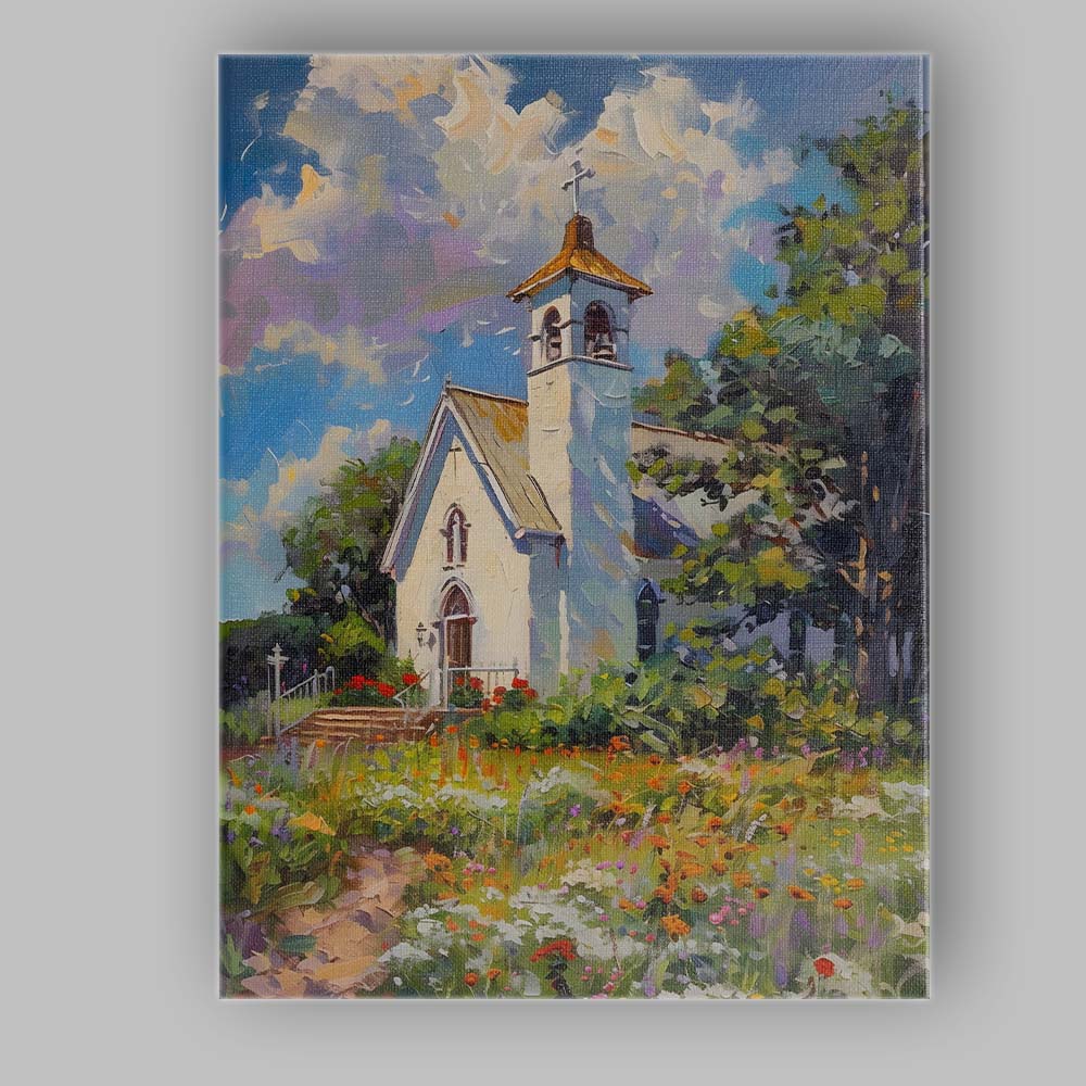 Impressionist White Country Church Wildflower Garden Summer Landscape Canvas Wall Art Print Decor Picture Ready to Hang