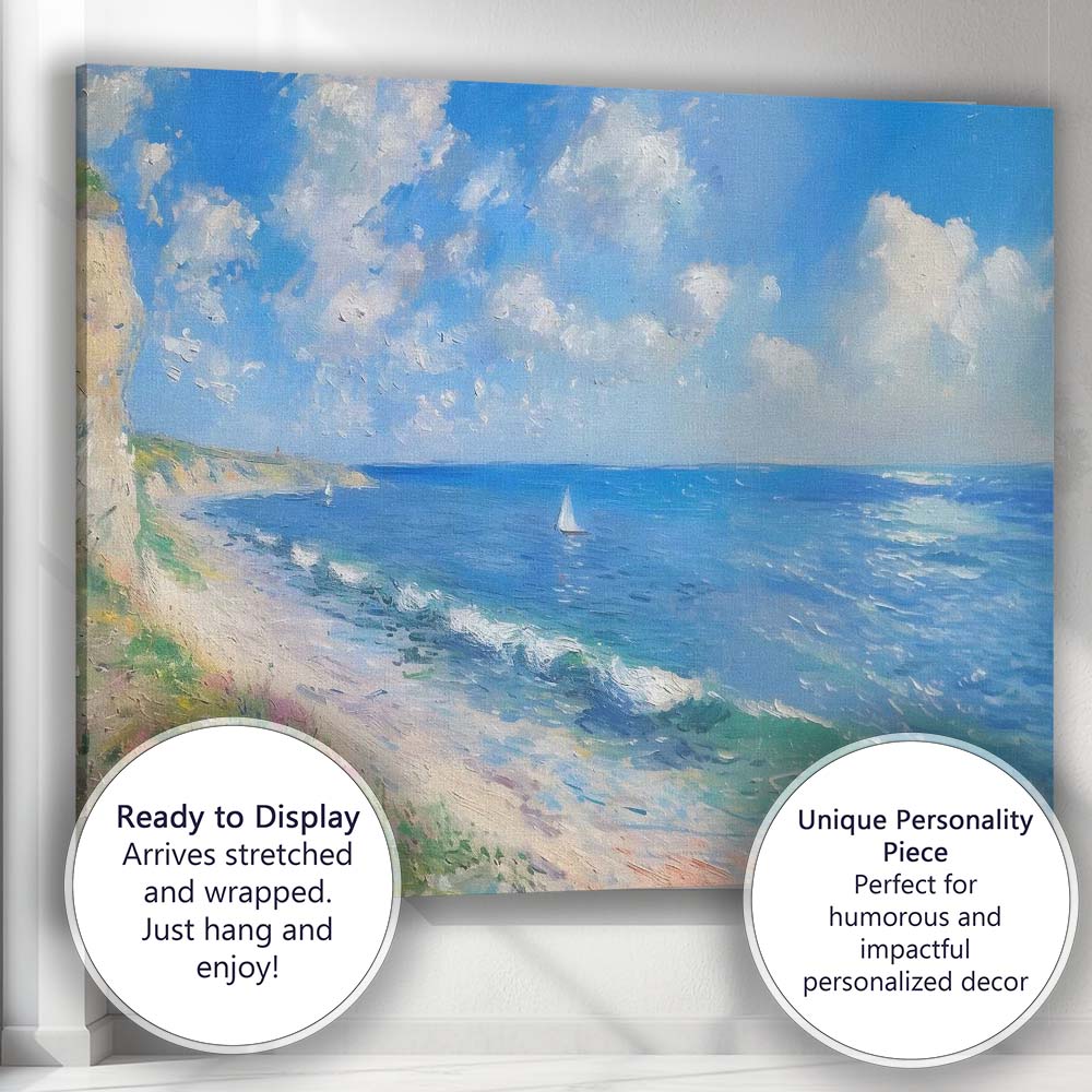 Impressionist Coastal Cliffs Blue Sea Sailboat Summer Seascape Canvas Wall Art Print Decor Picture Ready to Hang