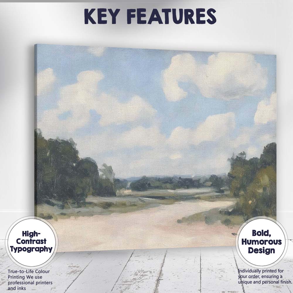 Soft Impressionist River Meadow Blue Sky Country Landscape Canvas Wall Art Print Decor Picture Ready to Hang