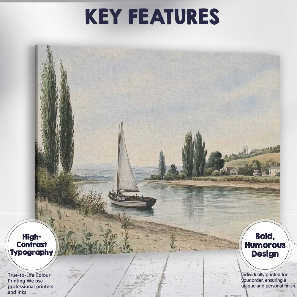 Serene River Sailboat Countryside Waterside Landscape Canvas Wall Art Print Decor Picture Ready to Hang