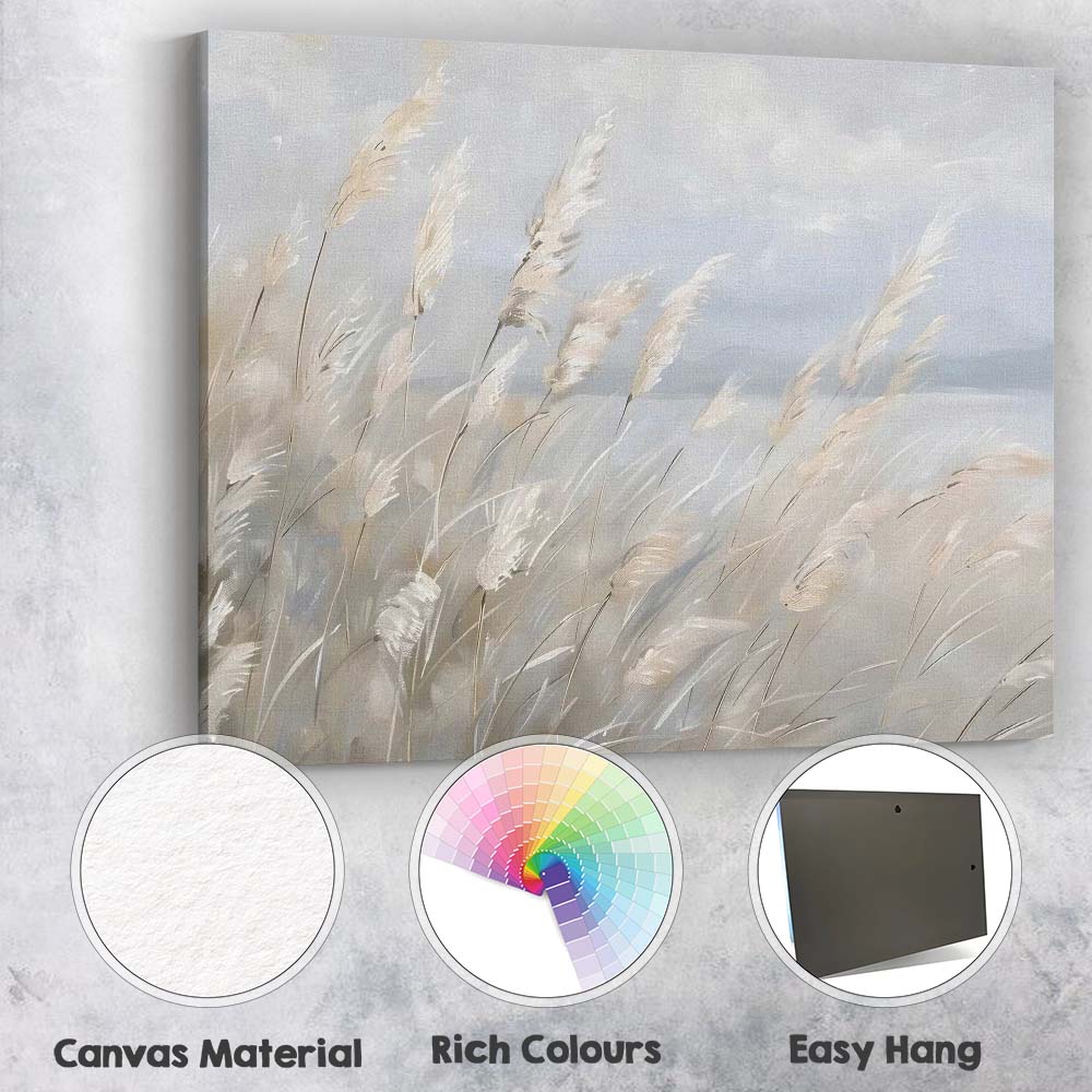 Minimalist White Pampas Grass Soft Neutral Botanical Canvas Wall Art Print Decor Picture Ready to Hang