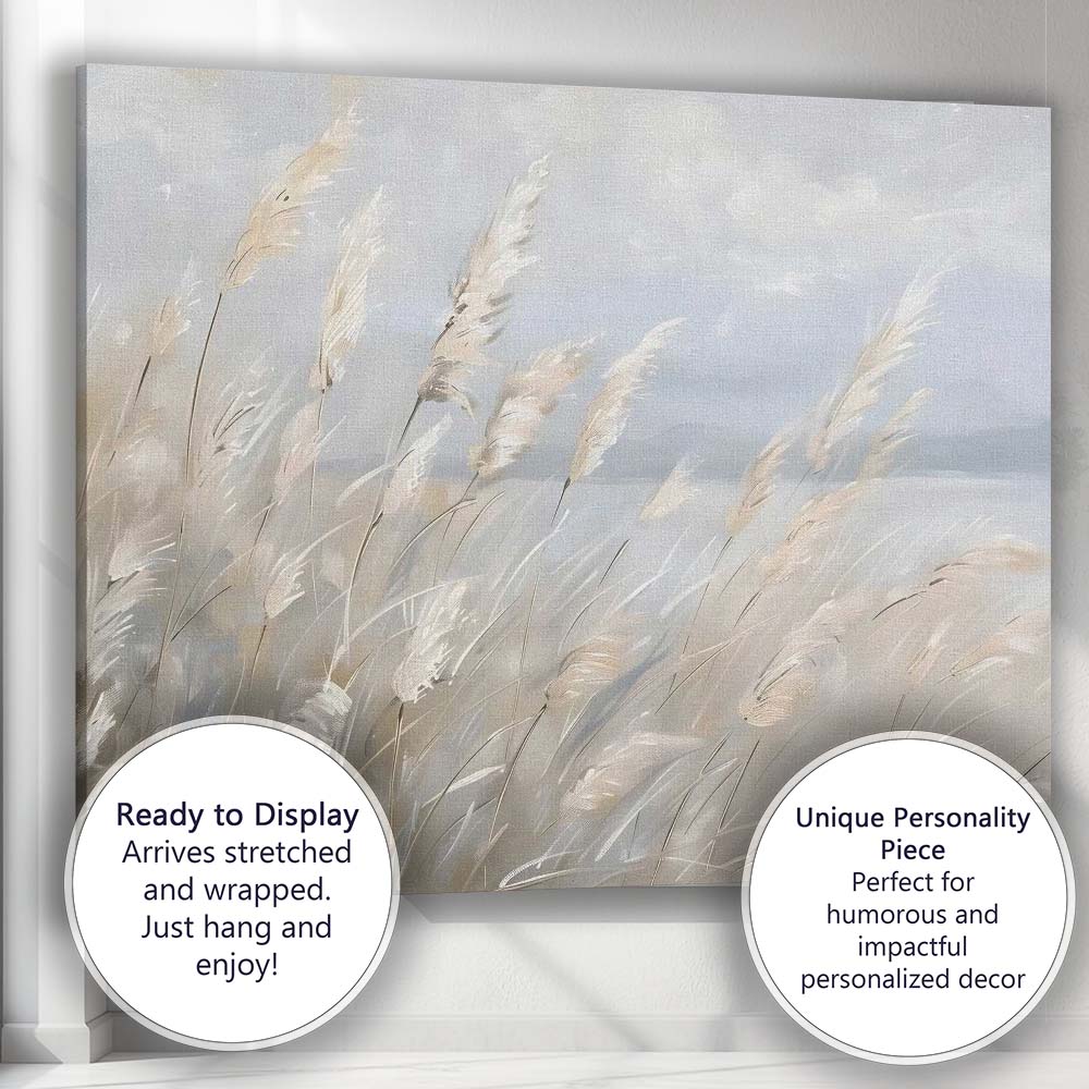 Minimalist White Pampas Grass Soft Neutral Botanical Canvas Wall Art Print Decor Picture Ready to Hang