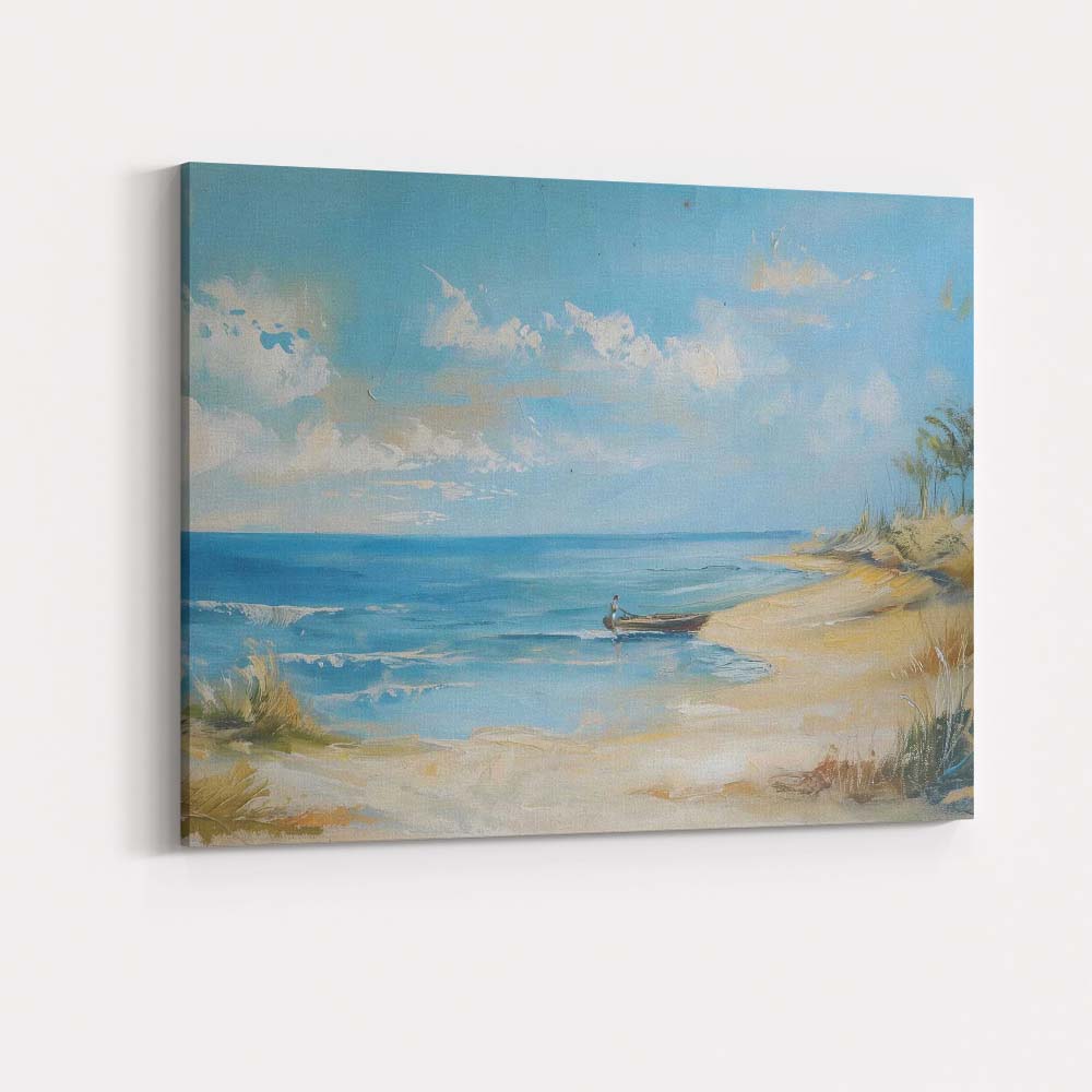 Bright Blue Coastal Beach Fishing Boat Seascape Canvas Wall Art Print Decor Picture Ready to Hang