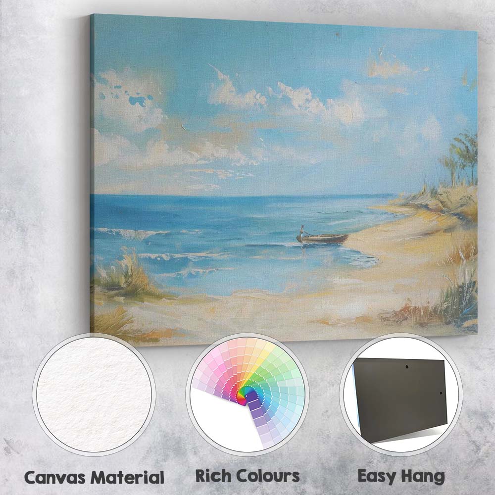 Bright Blue Coastal Beach Fishing Boat Seascape Canvas Wall Art Print Decor Picture Ready to Hang