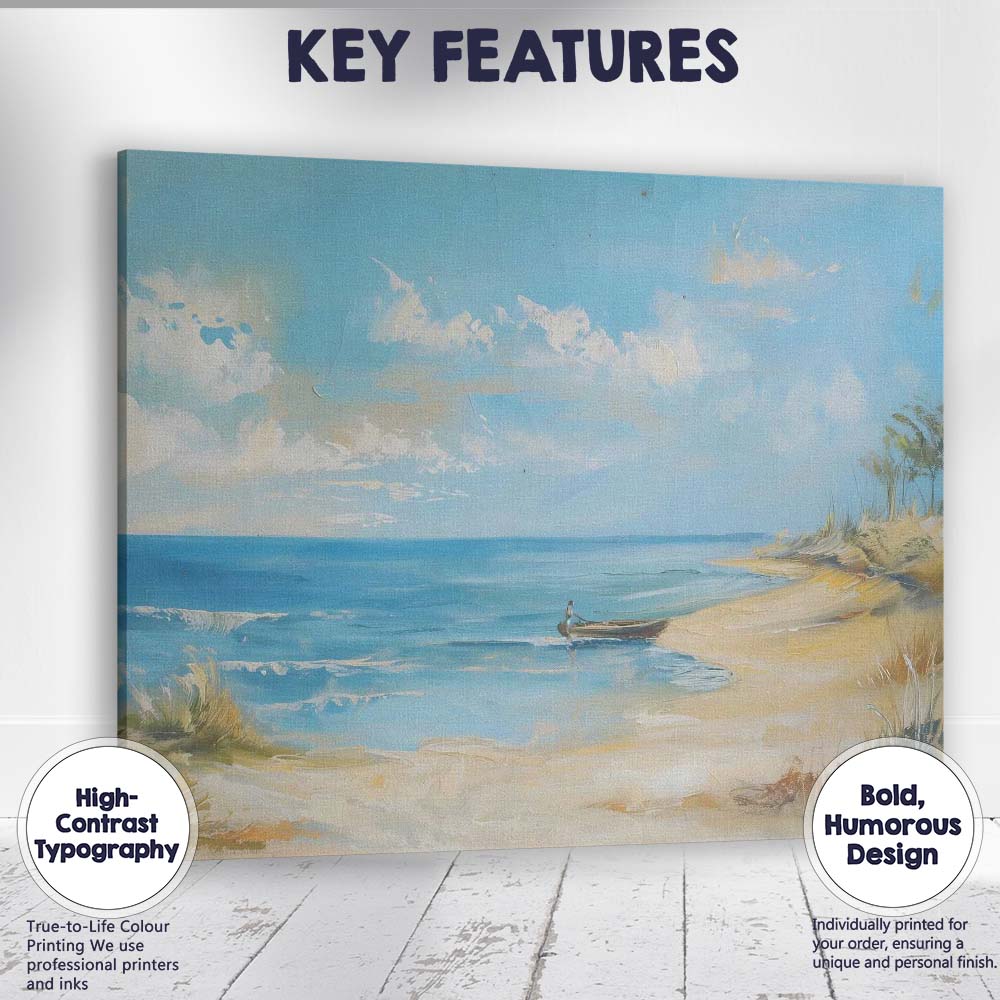 Bright Blue Coastal Beach Fishing Boat Seascape Canvas Wall Art Print Decor Picture Ready to Hang