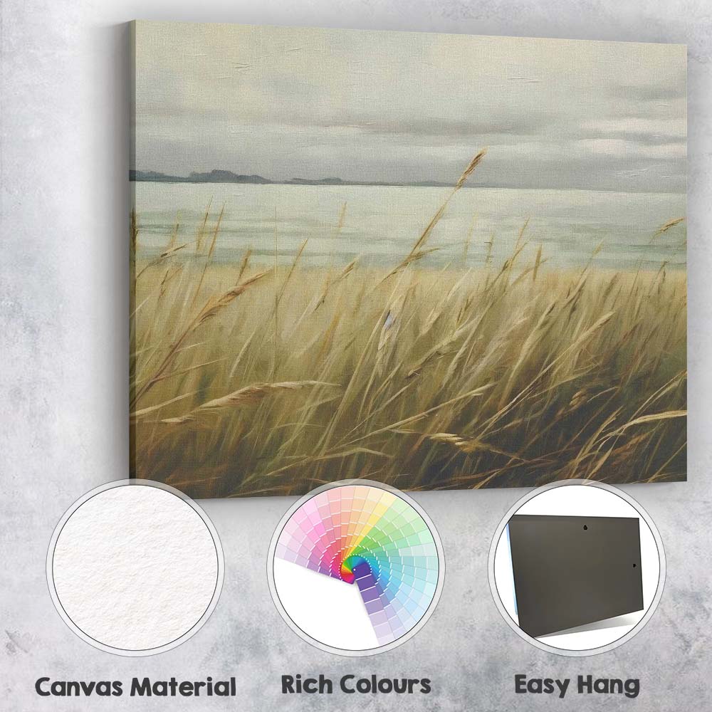 Golden Coastal Dune Grasses Tranquil Waters Landscape Canvas Wall Art Print Decor Picture Ready to Hang
