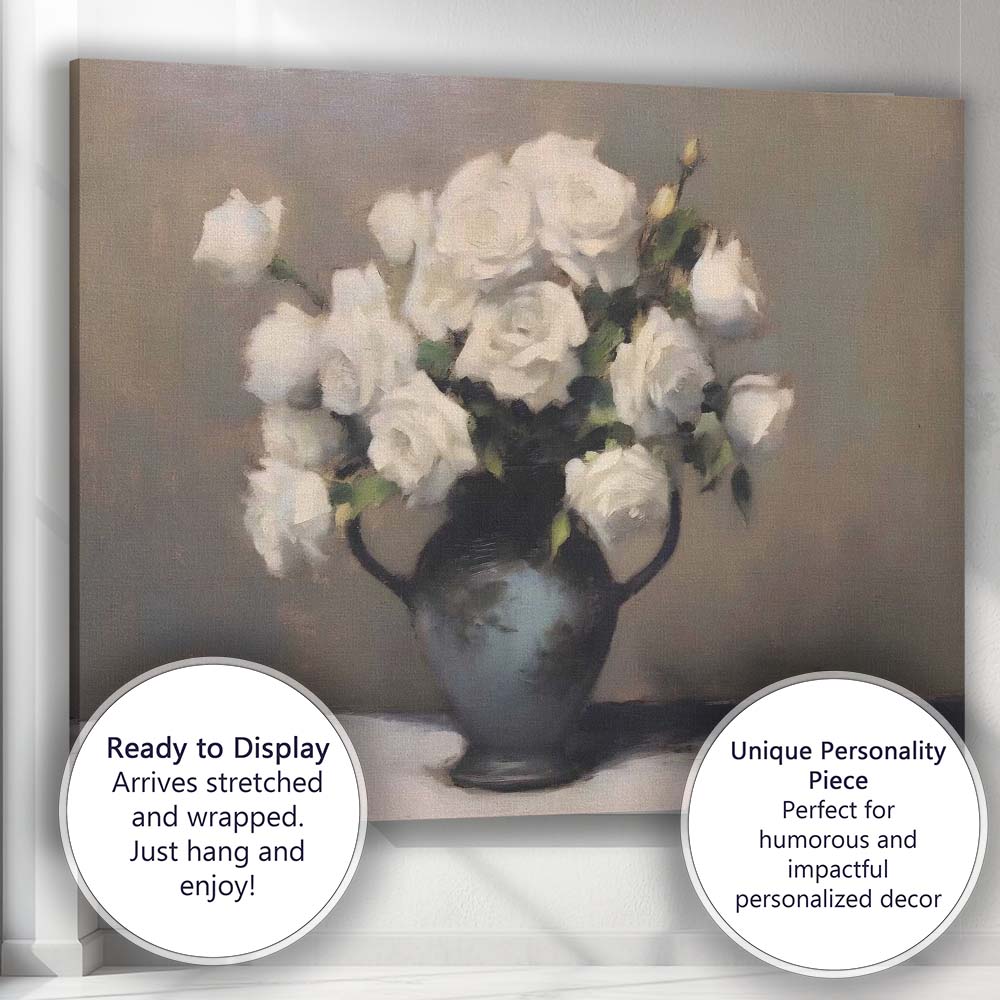 Elegant White Rose Bouquet Floral Still Life Canvas Wall Art Print Decor Picture Ready to Hang