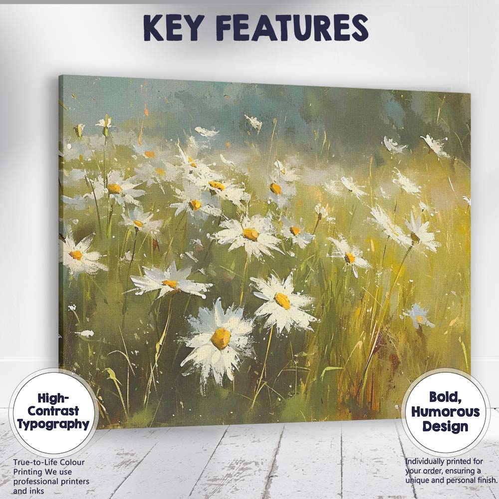 White Daisy Wildflower Meadow Impressionist Floral Landscape Canvas Wall Art Print Decor Picture Ready to Hang