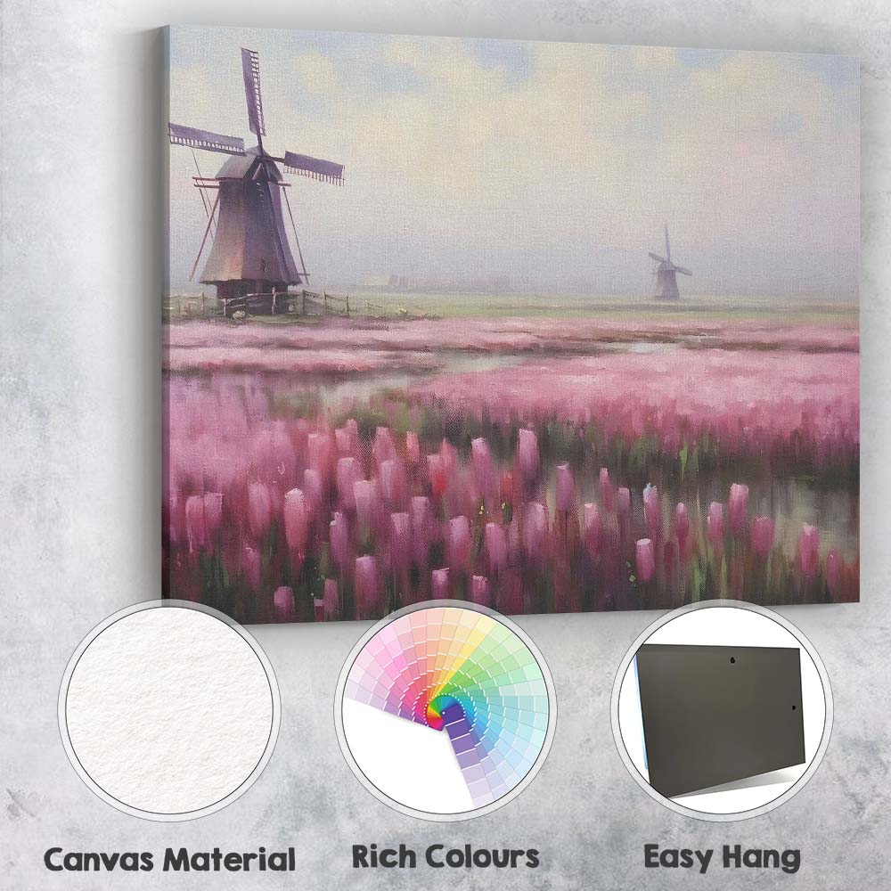 Pink Tulip Field Dutch Windmill Misty Landscape Canvas Wall Art Print Decor Picture Ready to Hang