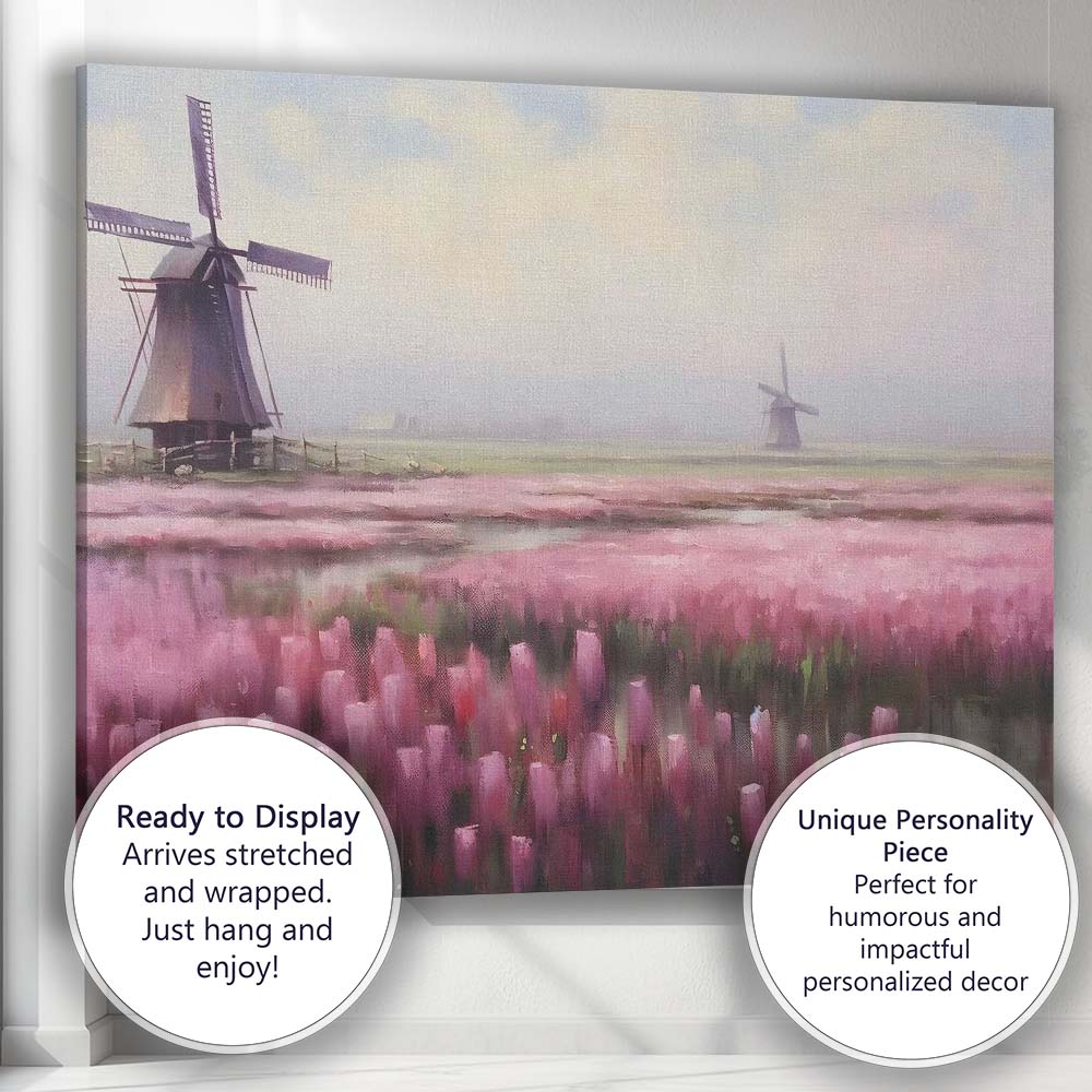 Pink Tulip Field Dutch Windmill Misty Landscape Canvas Wall Art Print Decor Picture Ready to Hang