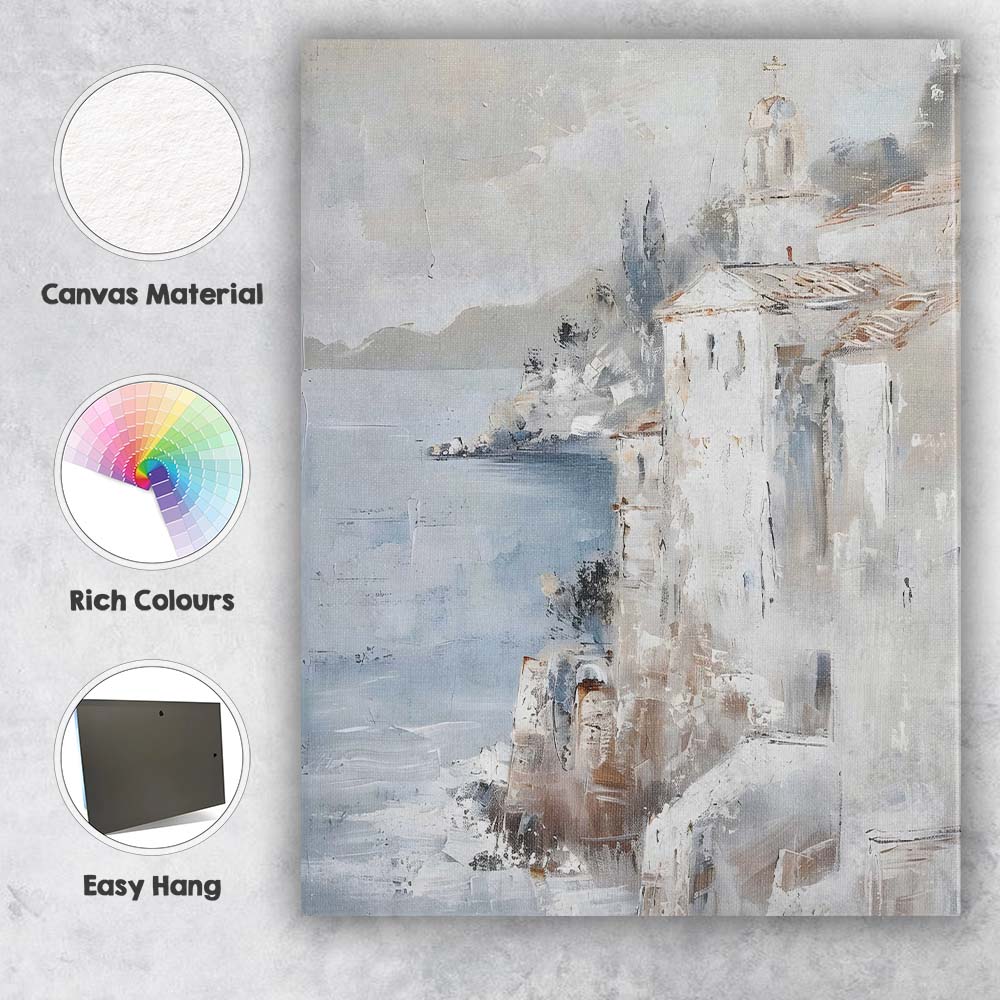 White Mediterranean Coastal Village Abstract Seascape Canvas Wall Art Print Decor Picture Ready to Hang