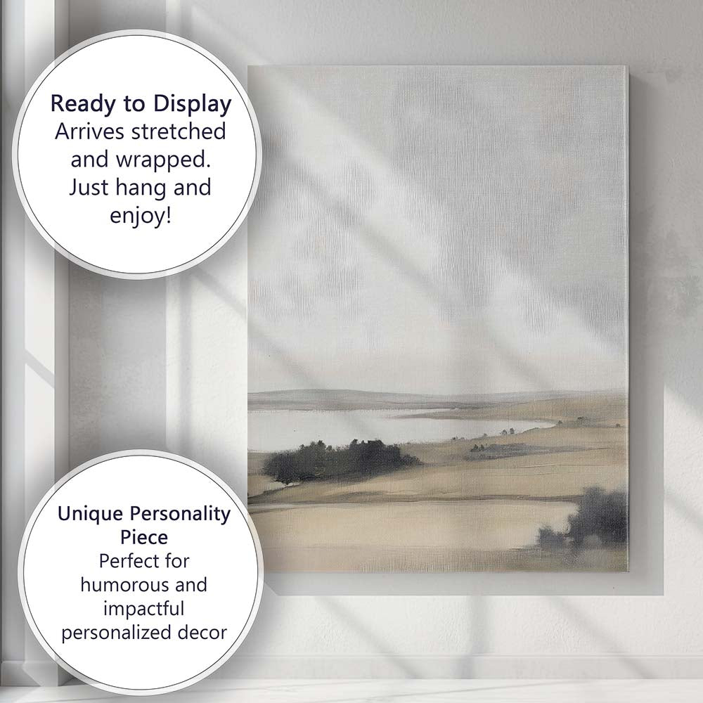Minimalist Serene Lake Rolling Hills Neutral Landscape Canvas Wall Art Print Decor Picture Ready to Hang