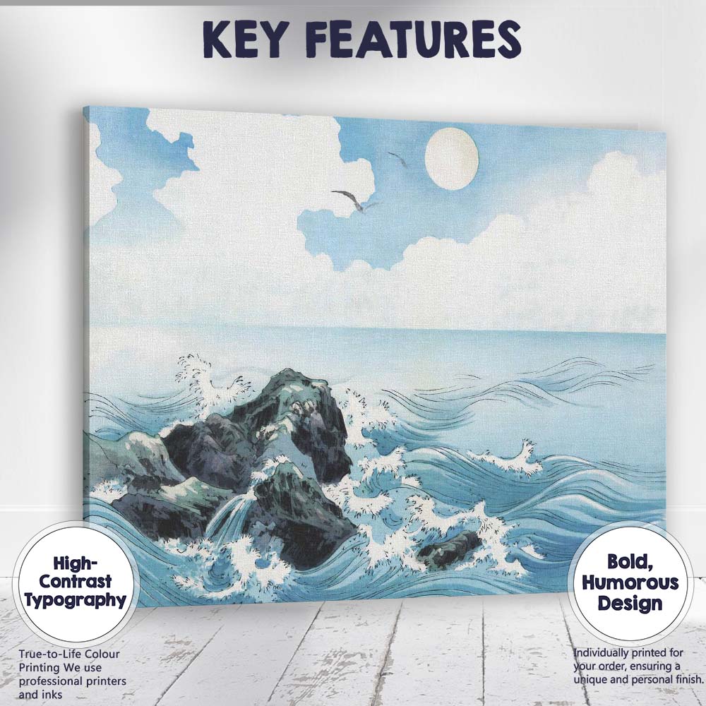 Japanese Inspired Ocean Waves Full Moon Seascape Illustration Canvas Wall Art Print Decor Picture Ready to Hang