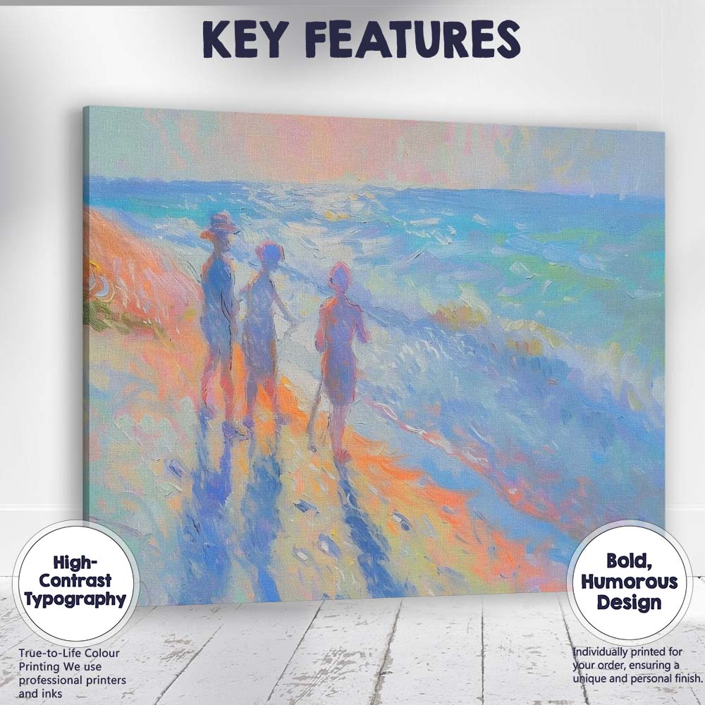 Colourful Family Walking Along Sunny Beach Impressionist Canvas Wall Art Print Decor Picture Ready to Hang